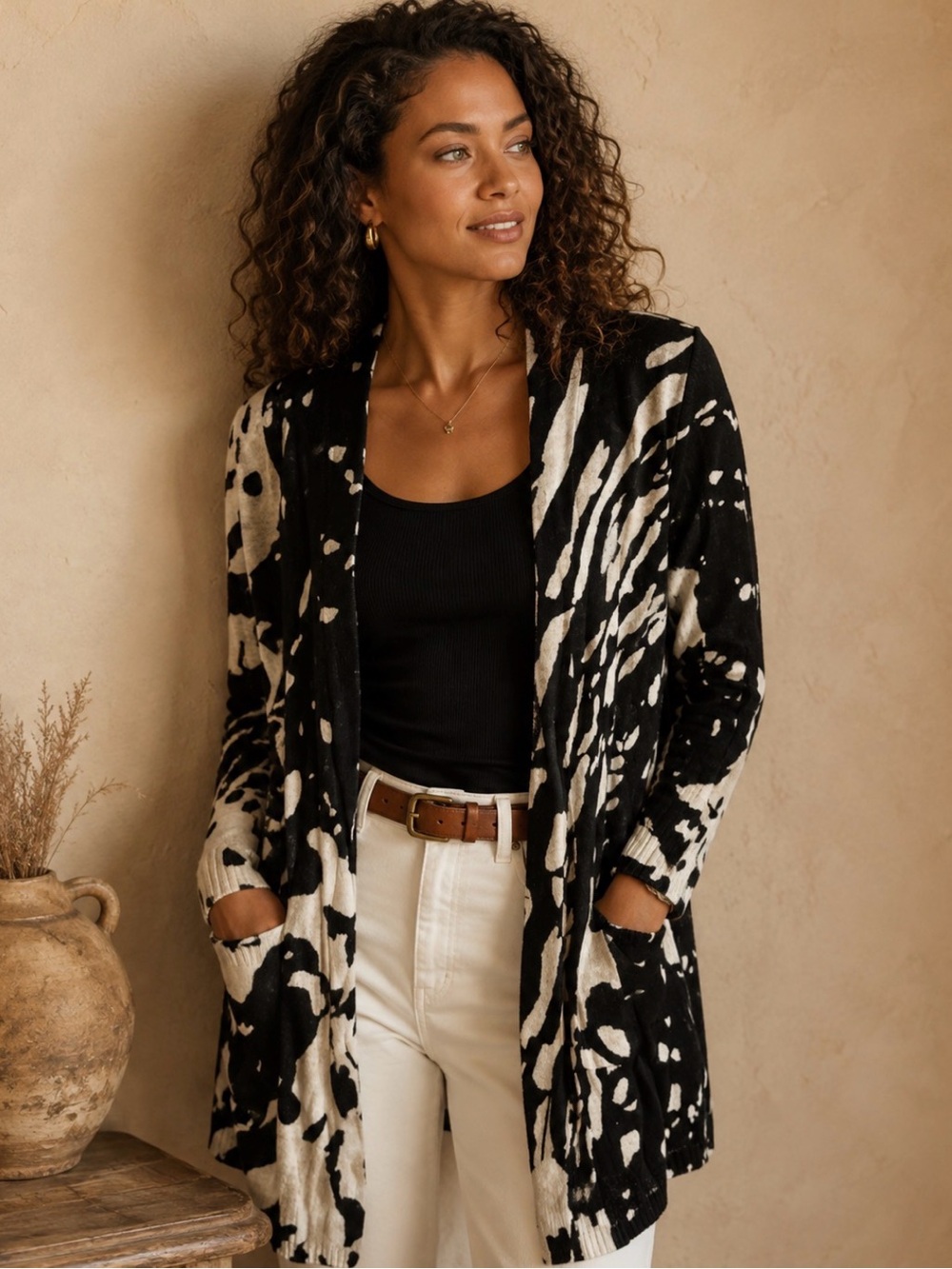NIC+ZOE Black and Cream Abstract Open Cardigan